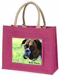Brindle and White Boxer Dog "Yours Forever..." Large Pink Jute Shopping Bag