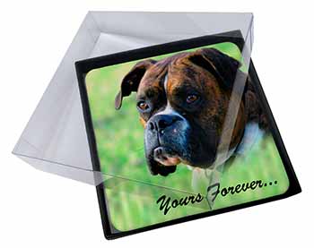 4x Brindle and White Boxer Dog "Yours Forever..." Picture Table Coasters Set in 