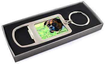 Brindle and White Boxer Dog "Yours Forever..." Chrome Metal Bottle Opener Keyrin
