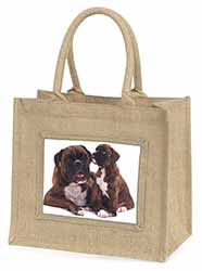 Boxer Dog Puppy Natural/Beige Jute Large Shopping Bag