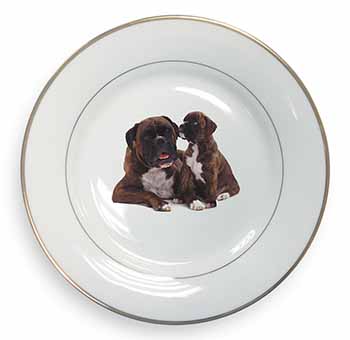 Boxer Dog Puppy Gold Rim Plate Printed Full Colour in Gift Box