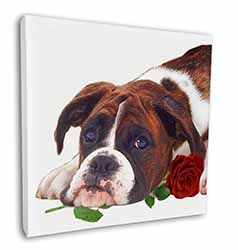 Boxer Dog with Red Rose Square Canvas 12"x12" Wall Art Picture Print