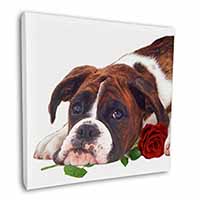 Boxer Dog with Red Rose Square Canvas 12"x12" Wall Art Picture Print