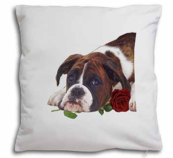 Boxer Dog with Red Rose Soft White Velvet Feel Scatter Cushion