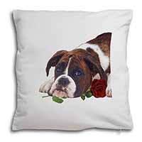 Boxer Dog with Red Rose Soft White Velvet Feel Scatter Cushion