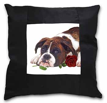 Boxer Dog with Red Rose Black Satin Feel Scatter Cushion