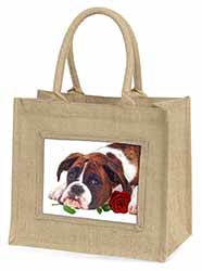 Boxer Dog with Red Rose Natural/Beige Jute Large Shopping Bag