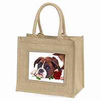 Boxer Dog with Red Rose Natural/Beige Jute Large Shopping Bag