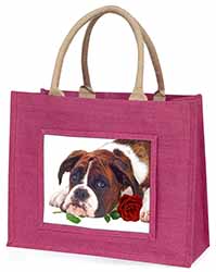 Boxer Dog with Red Rose Large Pink Jute Shopping Bag