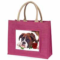 Boxer Dog with Red Rose Large Pink Jute Shopping Bag
