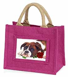 Boxer Dog with Red Rose Little Girls Small Pink Jute Shopping Bag