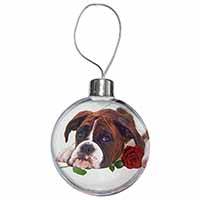 Boxer Dog with Red Rose Christmas Bauble