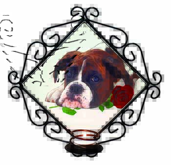 Boxer Dog with Red Rose Wrought Iron Wall Art Candle Holder