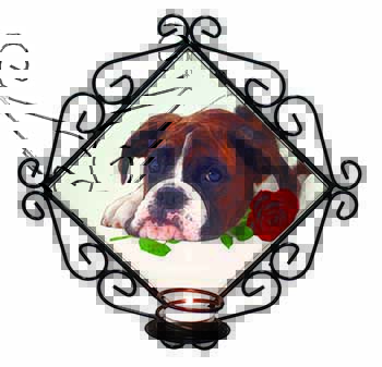 Boxer Dog with Red Rose Wrought Iron Wall Art Candle Holder