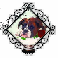 Boxer Dog with Red Rose Wrought Iron Wall Art Candle Holder