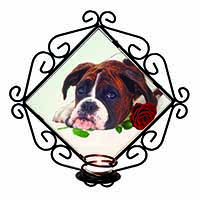 Boxer Dog with Red Rose Wrought Iron Wall Art Candle Holder