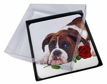 4x Boxer Dog with Red Rose Picture Table Coasters Set in Gift Box