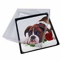 4x Boxer Dog with Red Rose Picture Table Coasters Set in Gift Box