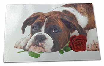 Large Glass Cutting Chopping Board Boxer Dog with Red Rose
