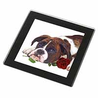 Boxer Dog with Red Rose Black Rim High Quality Glass Coaster