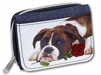 Boxer Dog with Red Rose Unisex Denim Purse Wallet