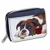 Boxer Dog with Red Rose Unisex Denim Purse Wallet
