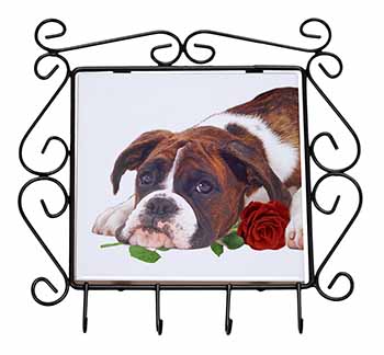 Boxer Dog with Red Rose Wrought Iron Key Holder Hooks
