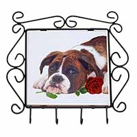 Boxer Dog with Red Rose Wrought Iron Key Holder Hooks
