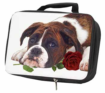 Boxer Dog with Red Rose Black Insulated School Lunch Box/Picnic Bag