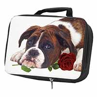 Boxer Dog with Red Rose Black Insulated School Lunch Box/Picnic Bag