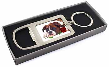 Boxer Dog with Red Rose Chrome Metal Bottle Opener Keyring in Box