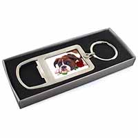 Boxer Dog with Red Rose Chrome Metal Bottle Opener Keyring in Box