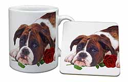 Boxer Dog with Red Rose Mug and Coaster Set