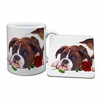 Boxer Dog with Red Rose Mug and Coaster Set