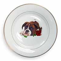 Boxer Dog with Red Rose Gold Rim Plate Printed Full Colour in Gift Box