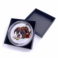 Boxer Dog with Red Rose Glass Paperweight in Gift Box