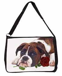 Boxer Dog with Red Rose Large Black Laptop Shoulder Bag School/College