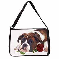 Boxer Dog with Red Rose Large Black Laptop Shoulder Bag School/College