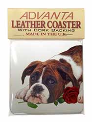 Boxer Dog with Red Rose Single Leather Photo Coaster