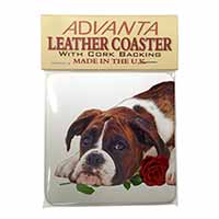 Boxer Dog with Red Rose Single Leather Photo Coaster