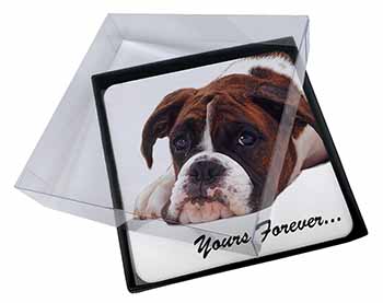 4x Boxer Dog "Yours Forever..." Picture Table Coasters Set in Gift Box