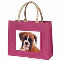 Red and White Boxer Puppy Large Pink Jute Shopping Bag