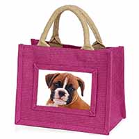 Red and White Boxer Puppy Little Girls Small Pink Jute Shopping Bag