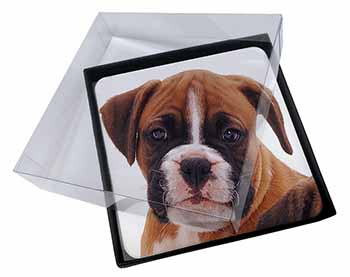 4x Red and White Boxer Puppy Picture Table Coasters Set in Gift Box
