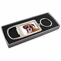 Red and White Boxer Puppy Chrome Metal Bottle Opener Keyring in Box