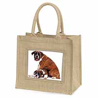 Boxer Dog with Puppy Natural/Beige Jute Large Shopping Bag