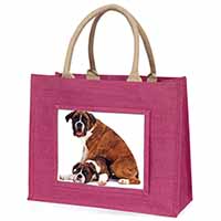 Boxer Dog with Puppy Large Pink Jute Shopping Bag