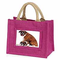 Boxer Dog with Puppy Little Girls Small Pink Jute Shopping Bag