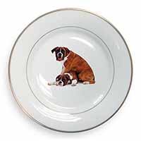 Boxer Dog with Puppy Gold Rim Plate Printed Full Colour in Gift Box