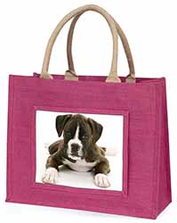 Boxer Dog Large Pink Jute Shopping Bag